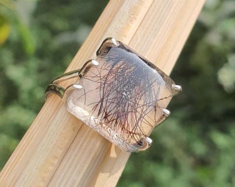 Square Black Rutilated Quartz Rings for Men- 925 Sterling Silver- Triple Prong-Engagement Ring
