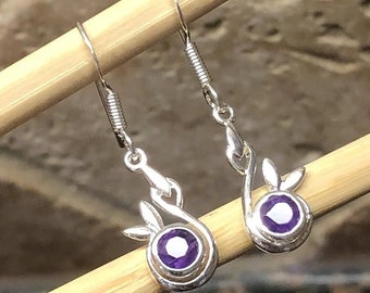 Natural Round Purple Amethyst 925 Sterling Silver Earrings for Women, Leaf Earrings, Bezel, Delicate Earrings, Dangle Earrings, gift for her