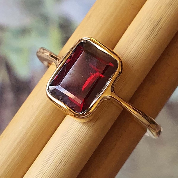 Garnet Ring for Women| Solid 925 Sterling Silver| Emerald Cut Natural Garnet Ring| Women's Ring | Wedding Ring| Stackable Ring| Gift for Her