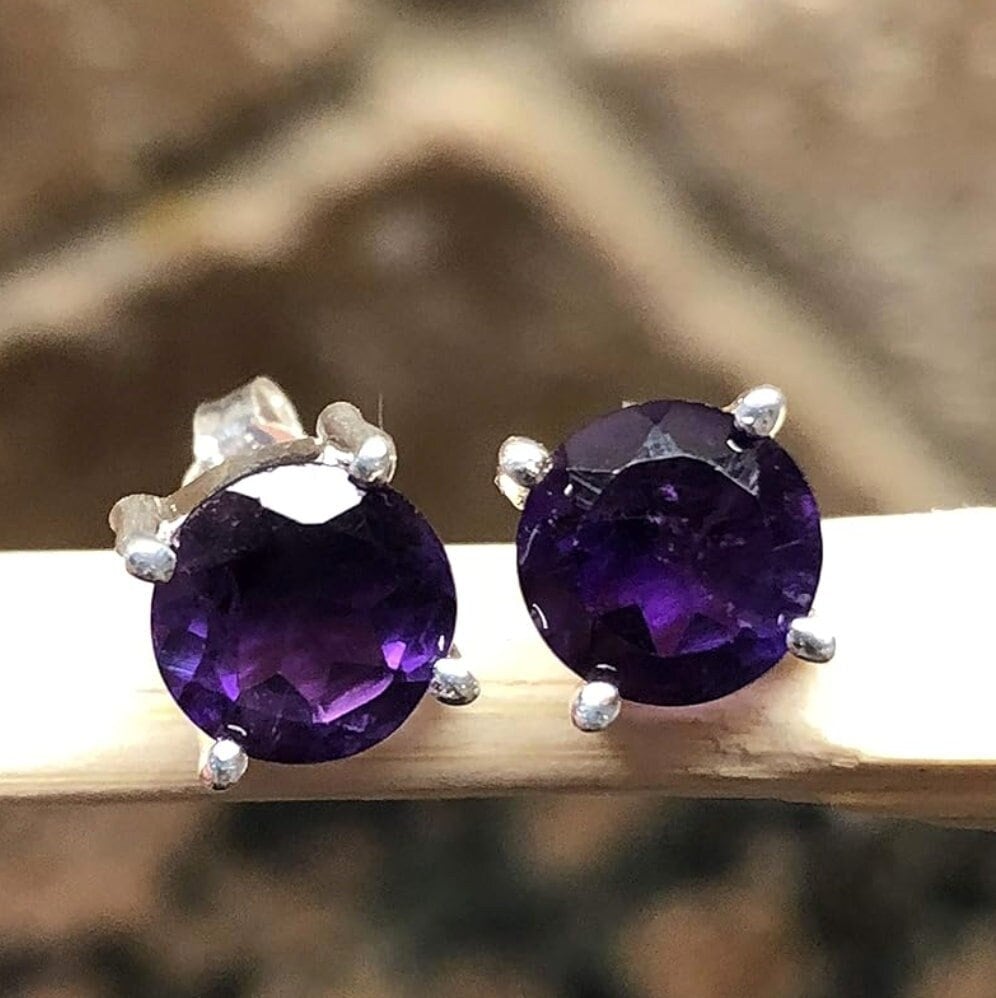 Round Purple Amethyst Stud Earrings 925 Sterling Silver Earrings Round Stud Earrings Natural Amethyst Jewelry Birthday Gift for Her Jewelry