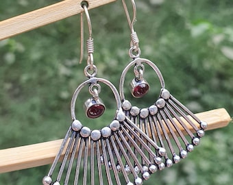 Long Peacock Earrings with Red Onyx Gemstone: Modern Designer, Handmade Jewelry, Trendy Gift