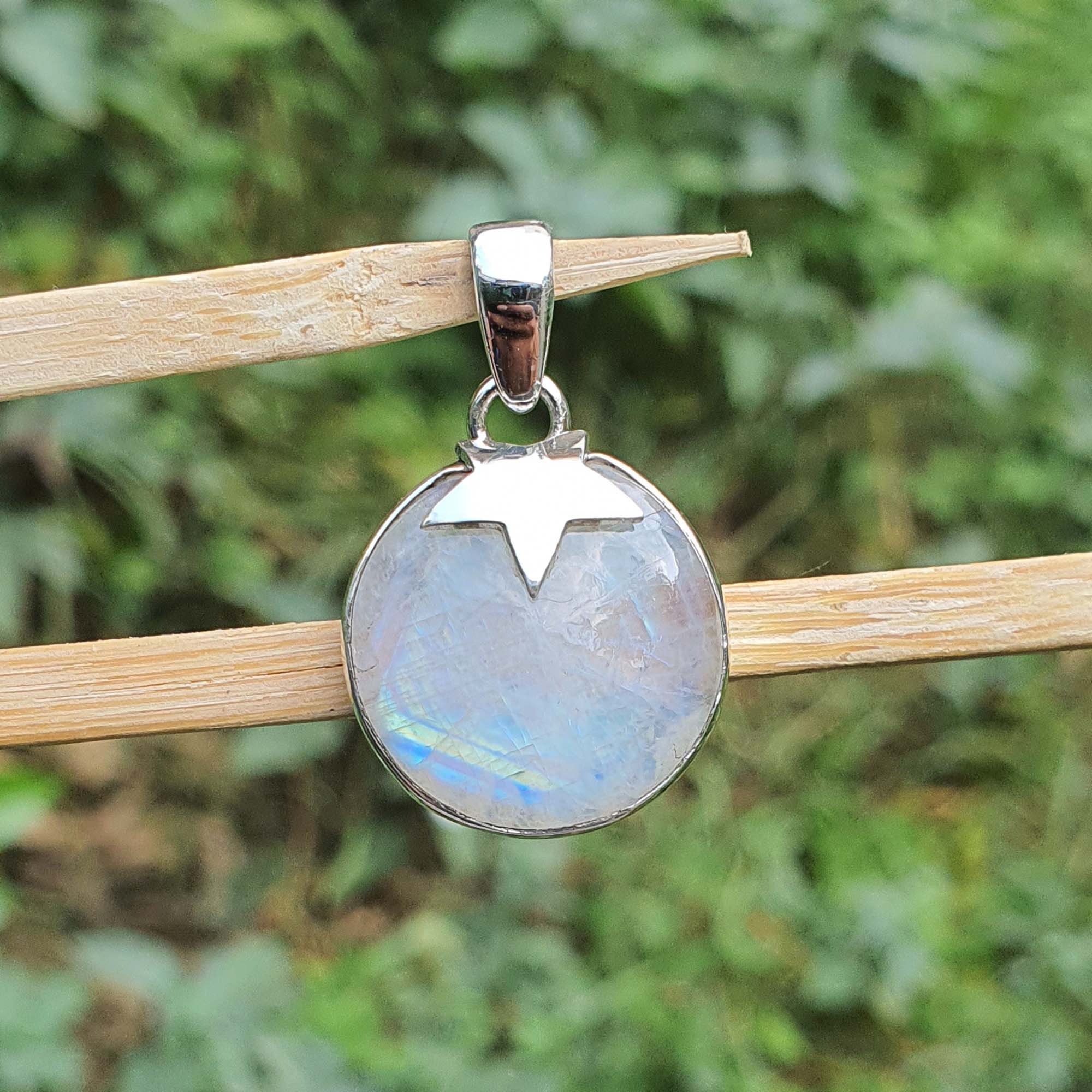 Round Moonstone Pendant With Star | 925 Sterling Silver