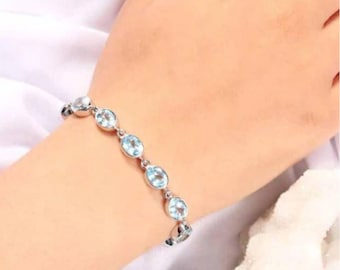 Blue Topaz Bracelet Silver | Faceted Blue Topaz Jewelry | Blue Stone | 925 Silver Bracelet | Delicate Gemstone Silver Jewelry | Gift for Her