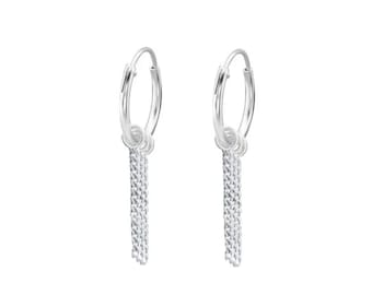 Orecchini a cerchio con catena in argento per donna / Gioielli fatti a mano / Orecchini Huggies / Regalo per lei / Cerchi in argento / Delicati orecchini a catena pendenti