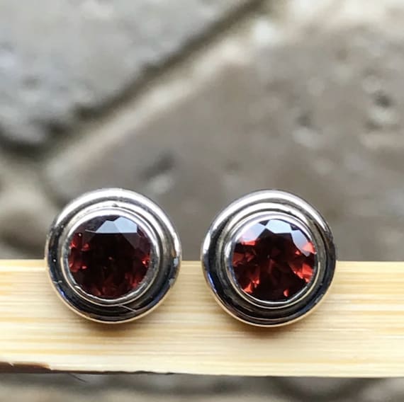Garnet Studs Round Stud Earrings for Men 925 Sterling Silver Red