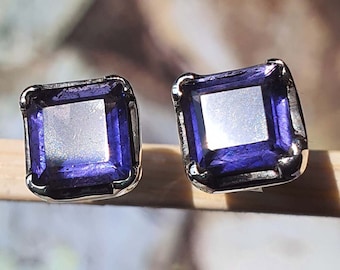 Square Cut Iolite Stud Earrings | Handmade Jewelry| Sterling Silver | Square Stud | Iolite Earring | Birthstone Jewelry | Valentine Day Gift