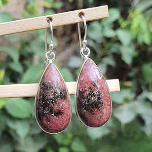 Rhodonite Onyx Sterling Silver Drop Earrings | 1 1/2