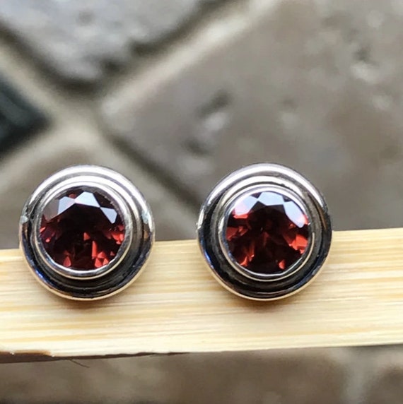 Garnet Studs Round Stud Earrings for Men 925 Sterling Silver Red