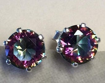 Orecchini a bottone rotondi con topazio arcobaleno per uomo - Argento Sterling 925 - Fatti a mano - Minimalisti - Gioielli con topazio mistico - Regali di compleanno per lei - Regalo per la mamma