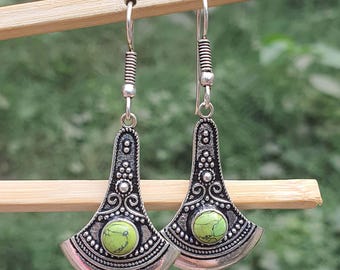 Edgy Green Turquoise Earrings, Indian Brass Jewelry, Dangle Drop Earrings, Gifts