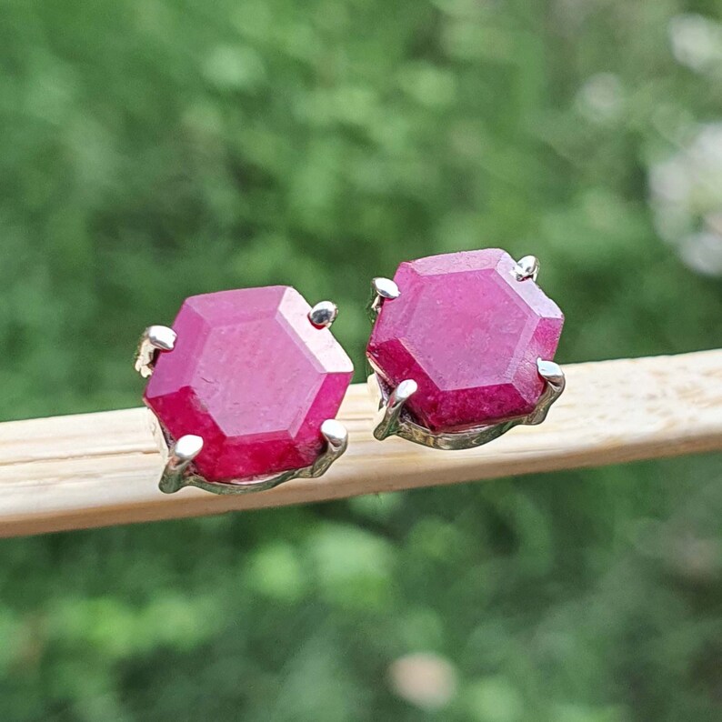 Hexagon Cut Ruby Stud Earrings for Women | Sterling Silver Ruby ...