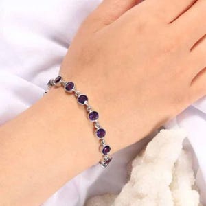 Frauen Amethyst Armband | Silberarmband | Runder Amethyst Schmuck | Kristall Armband | Link Armbänder | Edelstein Armband | Geschenk für Sie