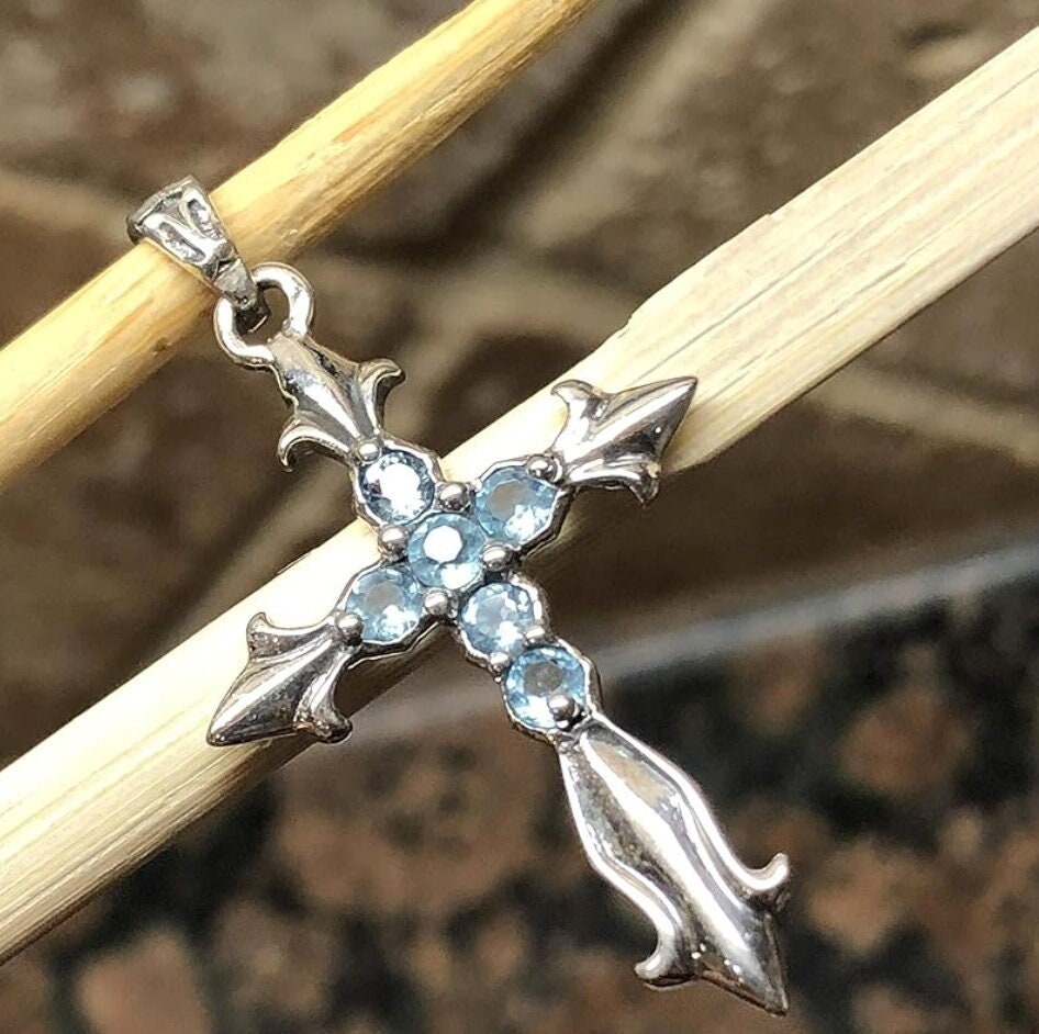 Natural Blue Topaz Cross Pendant for Men 925 sterling Silver Jewelry Blue Topaz Jewelry Cross Silver Pendant Christian Jewelry Gift for Him