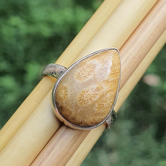 Fossilized Coral Ring | Pear Gemstone Rings | Sterling Silver Fossil Coral Jewelry