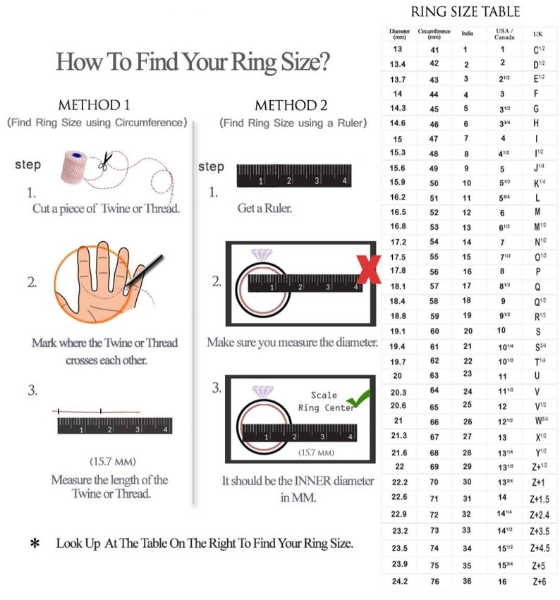 May include: An instructional guide titled How To Find Your Ring Size with two methods using twine or a ruler. It includes illustrations of measuring techniques and a comprehensive ring size table listing diameter in mm, circumference, and sizes for India, USA, Canada, and UK.