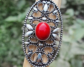 Large Red Coral Ring, Indian Designer Rings- Handmade Vintage Jewelry