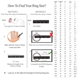 Puede incluir: Una gu&iacute;a instructiva titulada How To Find Your Ring Size con dos m&eacute;todos usando hilo o una regla. Incluye una tabla detallada de tallas de anillos con di&aacute;metro en mm, circunferencia en mm y tallas para India, EE. UU., Canad&aacute; y Reino Unido. El texto explica c&oacute;mo medir el di&aacute;metro interior en mil&iacute;metros.