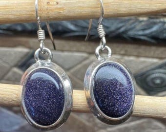 Blue Goldstone Earrings Sterling Silver | Sun Sitara Earrings | Blue Goldstone Jewelry | Dangle Earrings | Sparkle Earrings | Silver Earring