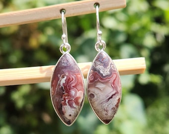Crazy Lace Agate Earrings 925 Sterling Silver Marquise Laguna Lace Agate Earrings Handmade Earrings Gift For Her Mom Gift Wedding Jewelry