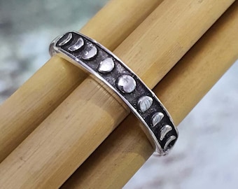 Oxidized Sterling Silver Moon Phase Ring | Celestial Jewelry | Stacking Wedding Band