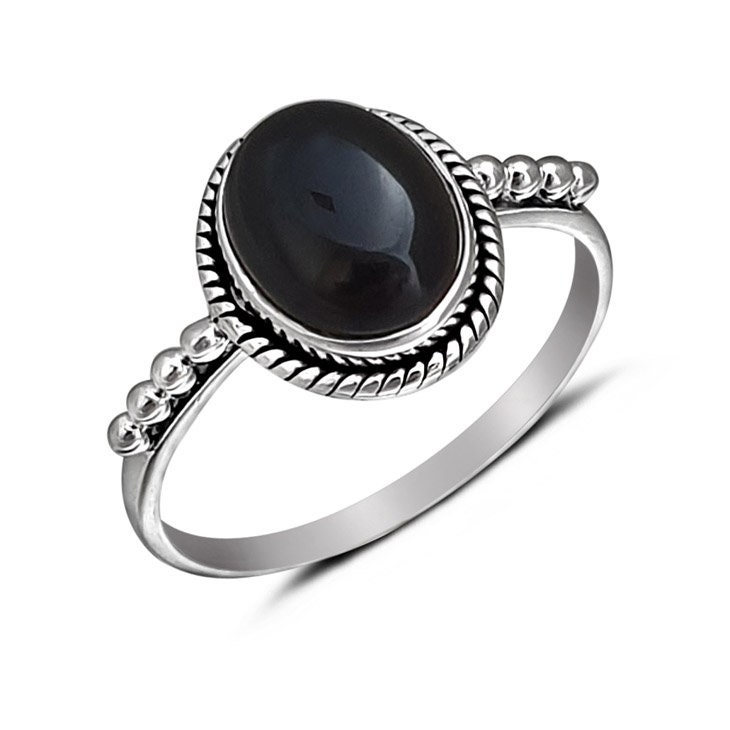 Oxidized 925 Sterling Silver Black Onyx Ring - Handmade Beaded Band, Engagement Gift for Her