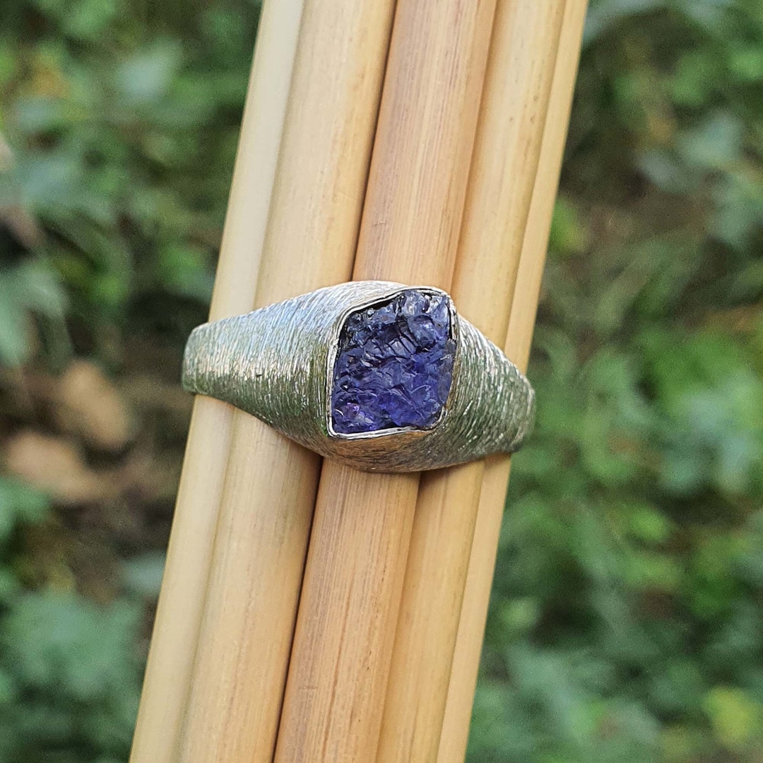 Mens Tanzanite Ring Textured Wide Band Raw Stone Ring Men Mens