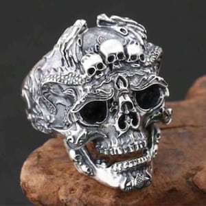 Skull Decorated Ring by FemmesBijoux | Heavy Metal Skull Ring | Silver Designer Ring | Open Adjustable Ring | Skeleton Ring | Gift for Him
