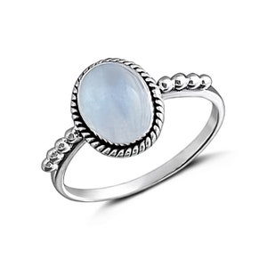 Mondstein Silber Ring | Ovaler Cabochon | 925er Silber | Regenbogen Mondstein Ring | Handmade oxidiertes Silber gepunktet | Groß Schmuck