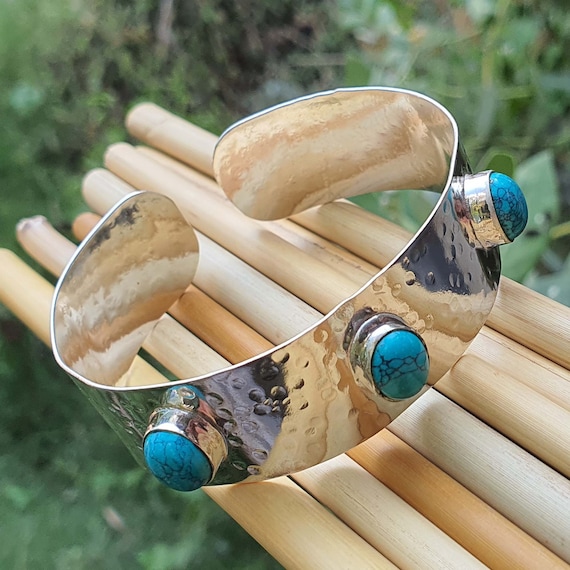 OVAL TURQUOISE Cuff Bangle Bracelet by Femmes Bijoux | Wide Band | Adjustable Bangle | Turquoise Bracelet | Hammered | Easter Gift for Her