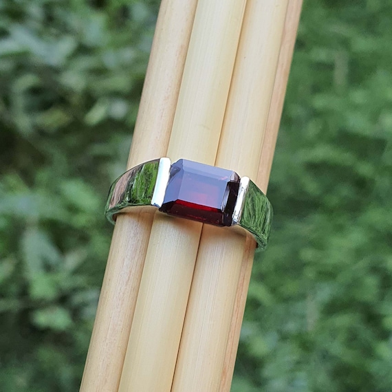 Garnet Ring for Men Emerald Cut Garnet Ring Sterling Silver