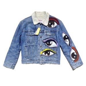 Carrera Jeans Sherpa Trucker denim indigo Eyes custom hand painted jacket, hand painted denim jacket made to order, custom made jacket