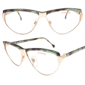 Jil Sander satin gold cateye eyeglasses frames with greenish tortoise browline and temples, Italy 80s NOS