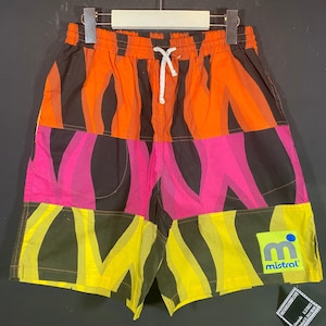Mistral 1990s neon / black print swim shorts in 100% cotton, new old stock unworn