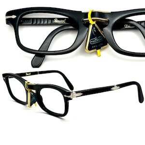 Persol 803 folding black cello rectangular frames w iconic arrow hinges, NOS 1960s Italy