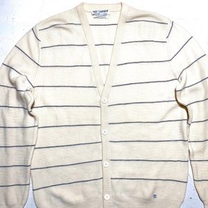 Ted Lapidus Paris pure merino wool ecru cardigan with navy blue horizontal stripes, NWT 80s