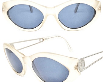 Fendi 302 clear - silver cateye sunglasses w safety pin & Roman coin temples design, NOS Italy 80s