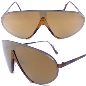 Safilo Design 027/P wrap aviator sunglasses, brown metallized mask-shield design with gold mirrored lens, NOS 80s