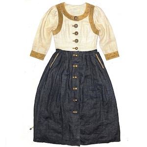 Langes beige/schwarzes Leinenkleid von Lodenfrey mit Wildlederdetails, super Zustand, 80er Jahre