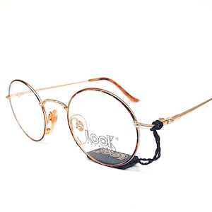 Look round gold metallic eyeglasses frames made in italy with tortoise cable rim, 1980s nos
