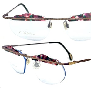 Licefa 1st Ed. Luxury rimless glasses in golden metal w enameled details & speckled cello brows, NoS 80s Germany