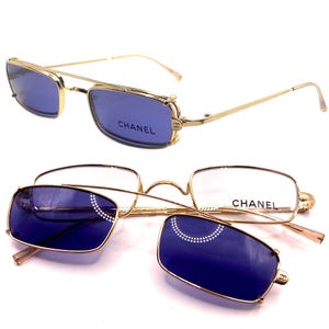 Chanel 2038 golden rectangular clip-on sunglasses-eyeglasses frames made in Italy, NOS full set w case