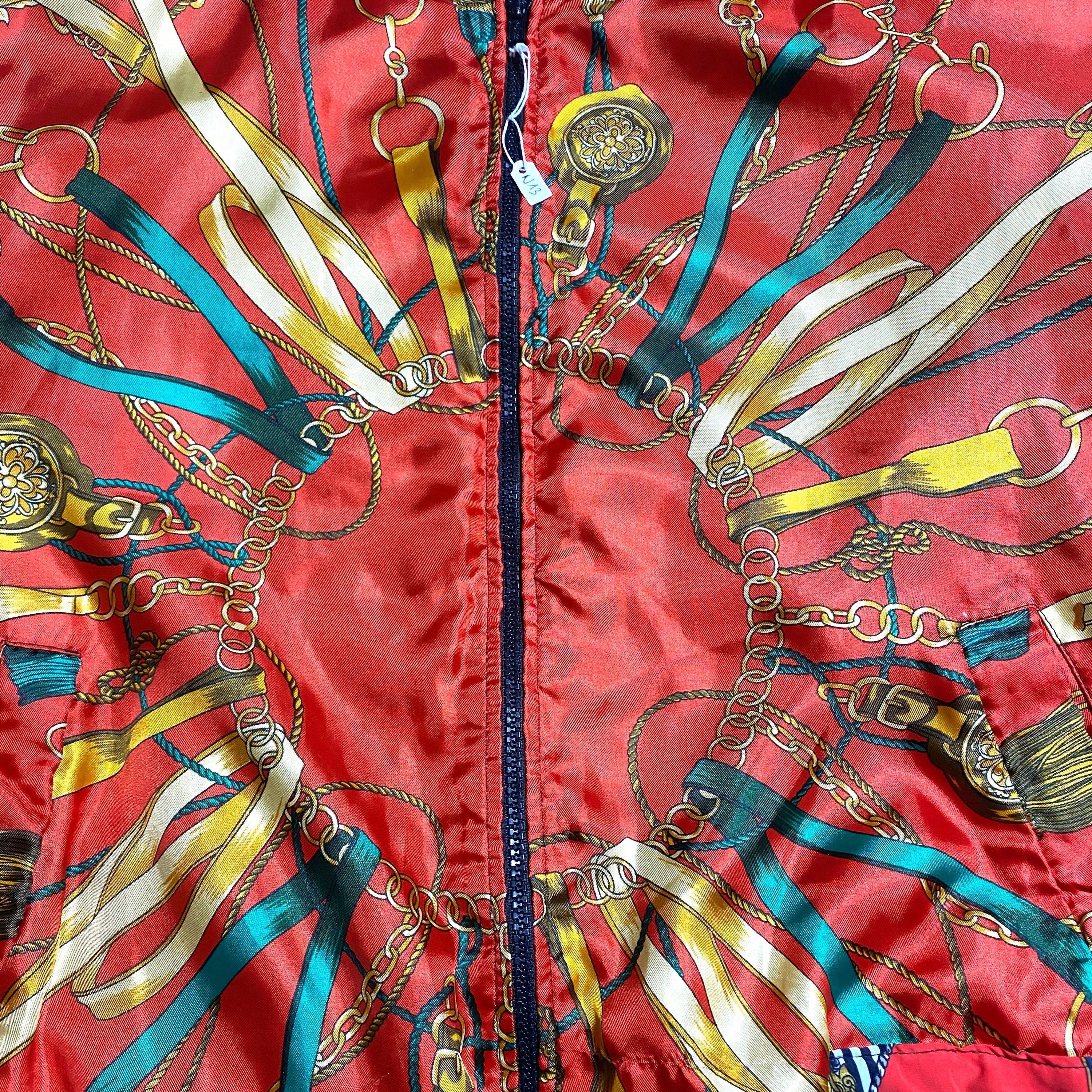 Jaqueline Ferrar Red Satin Hermes Style Print Bomber Jacket Jaqueline Ferrar Red Satin Hermes Style Print Bomber Jacket