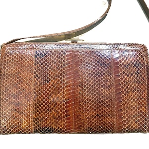 1970s artisanal snake leather shoulder bag, brown phyton skin evening pouch bag w/ golden brass framing, NOS 70s.