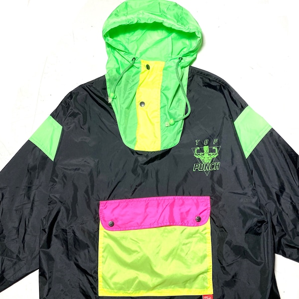 TopPunch schwarz + neonfarben Pullover Regenjacke, faltbar zur Weste 80s NOS mint