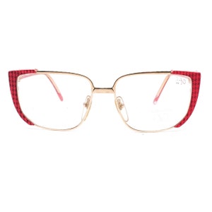 Valentino 133 red cateye cello eyeglasses frames with houndstooth pattern with metal parts in gold, 1980s NOS Italy