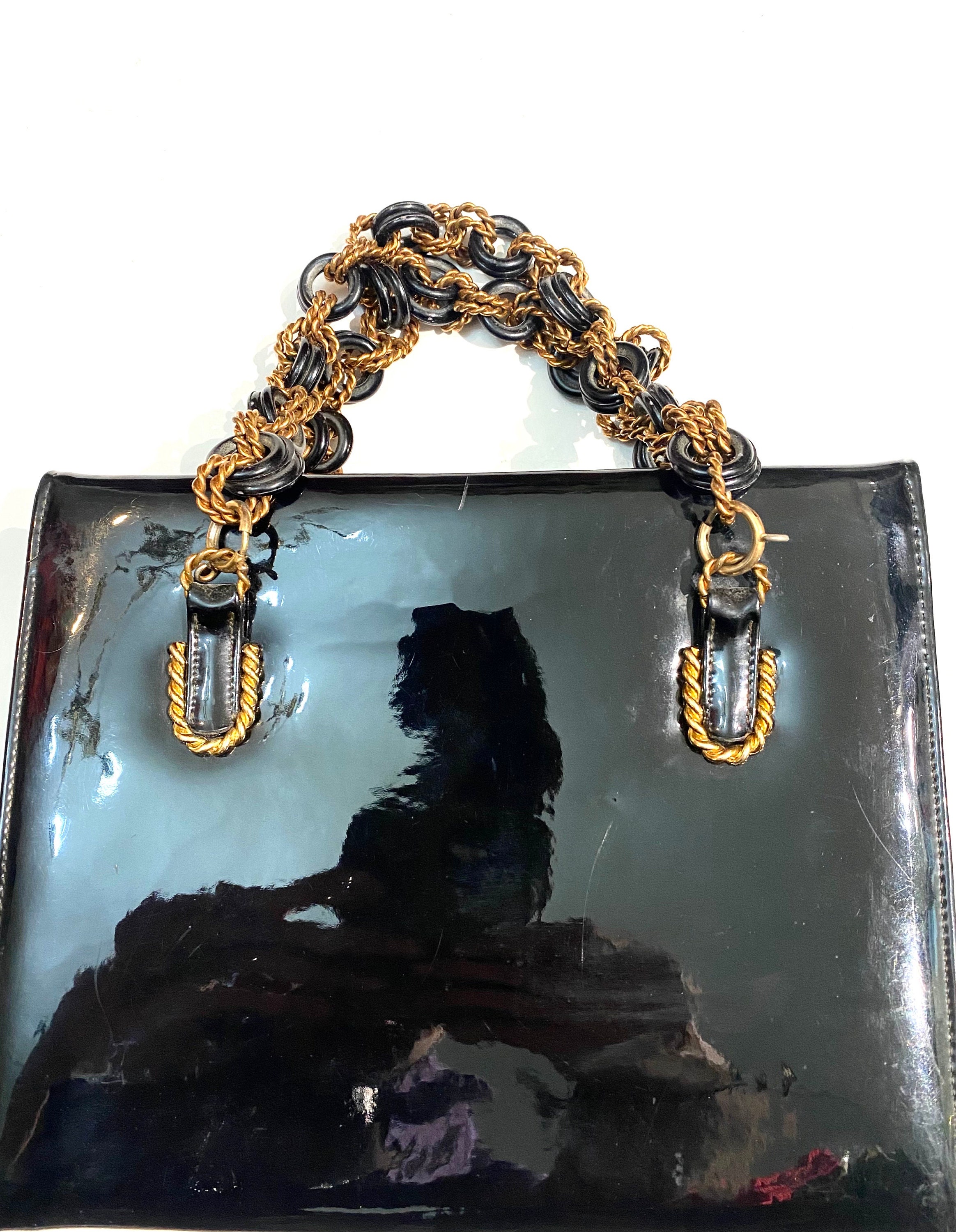 Lester Bag NY 50s Black Patent Bag W Sculpted Brass Closure
