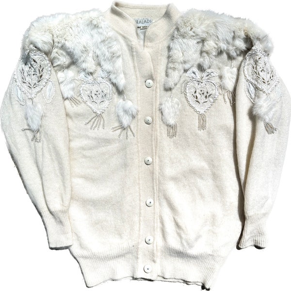 Hand Embroidered softest wool & angora w/ lapin fur inserts, total white Cardigan by Raladi Rome, mint