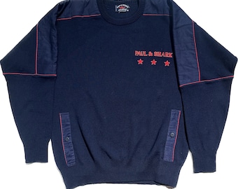 Jersey icónico de lana azul marino de punto liso de Paul&Shark con logo y estrellas bordadas, como nuevo, talla M
