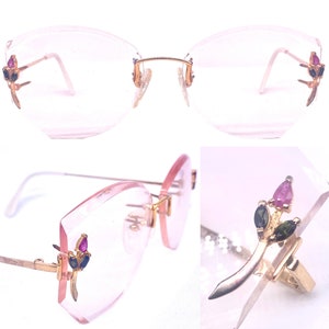 Flair Jet-Set 658 jeweled rimless frames w floral rhinestones detail and diamond cut lenses , 90s NOS Germany