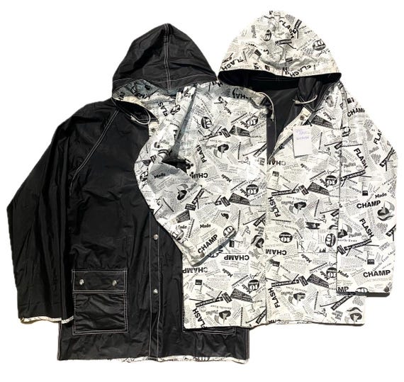 Renco Marwell Hooded Reversible Rain Jacket, Black Nylon & B/w